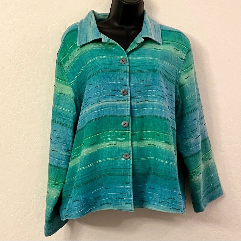 Coldwater Creek Raw Silk Beaded Ombre Aqua Blue Lined Open Boxy Blazer Tunic XL